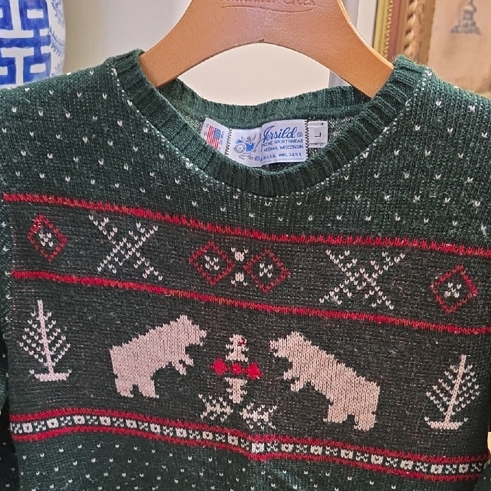 Jersild Forest Green Bear Motif Crewneck Sweater